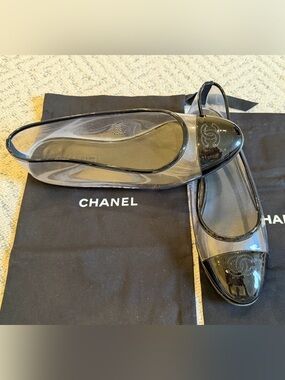 CHANEL Vintage Clear Ballet Flats w/ Black Patent Leather CC Cap Toe & bow